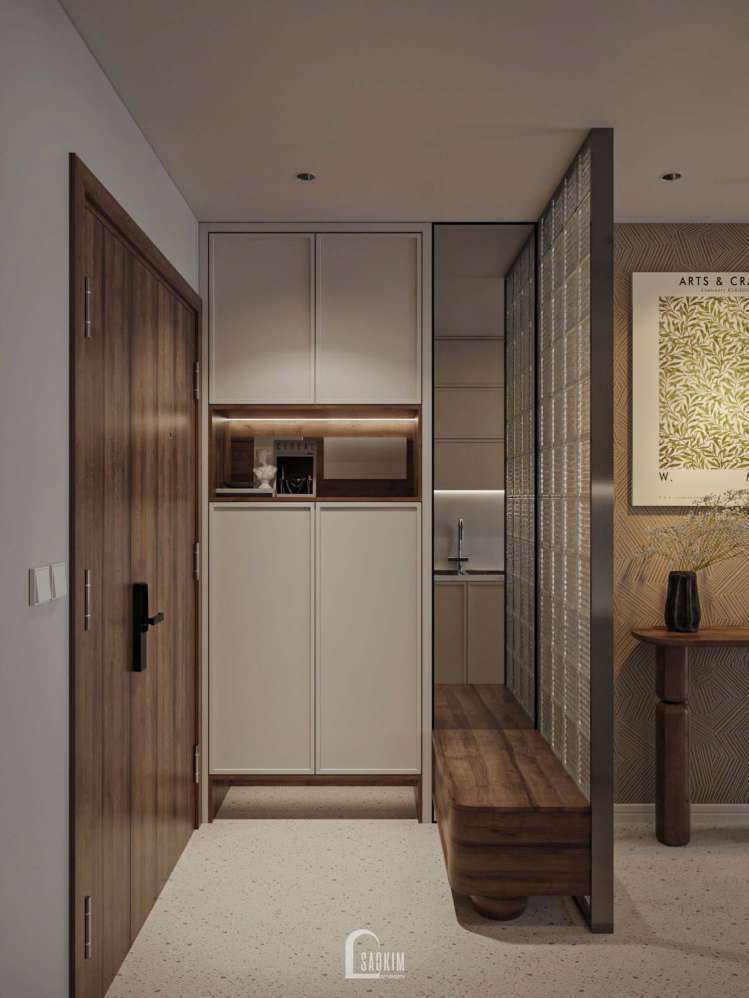 Khu vực thay giày tối ưu diện tích sử dụng tại thiết kế nội thất 3 ngủ Masteri Vinhomes Ocean Park 
